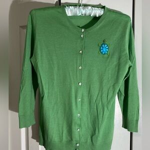 J Crew 100% Wool Green Button Cardigan Sweater Beaded Turtle M 3/4 Sleeve AA10